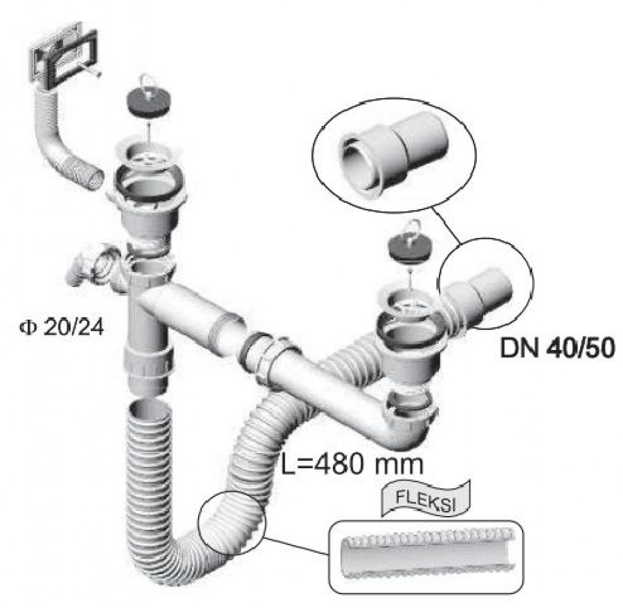 lož za sudoper DVODIJELNI SIFON (FI 70-70) s fleksibilnom cijevi i priključkom za perilicu
